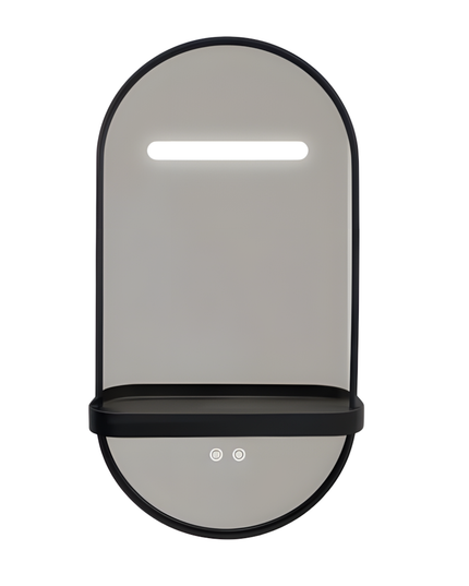 Oglindă LED Baie H-3086 cu Ramă și Raft Aluminiu Negru – Anti-aburire & 3 Lumini