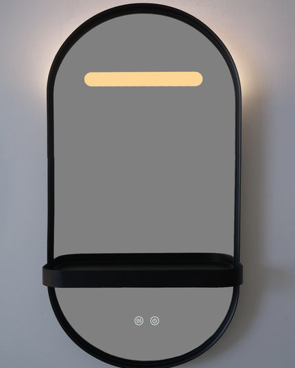 Oglindă LED Baie H-3086 cu Ramă și Raft Aluminiu Negru – Anti-aburire & 3 Lumini