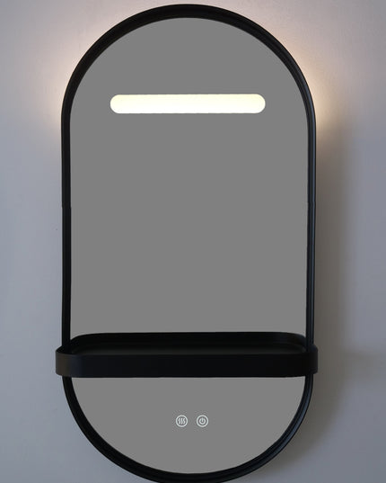 Oglindă LED Baie H-3086 cu Ramă și Raft Aluminiu Negru – Anti-aburire & 3 Lumini