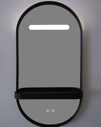 Oglindă LED Baie H-3086 cu Ramă și Raft Aluminiu Negru – Anti-aburire & 3 Lumini