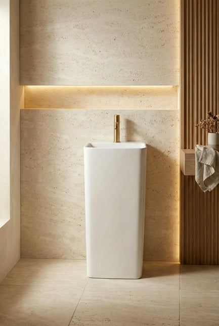Lavoar freestanding ceramic H15 – alb lucios, formă pătrată cu linii verticale