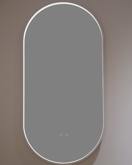 Oglindă LED H-3055 cu Ramă Aluminiu Alb, 3 Nuanțe de Lumină, Funcție Anti-Aburire și Comutator Tactil