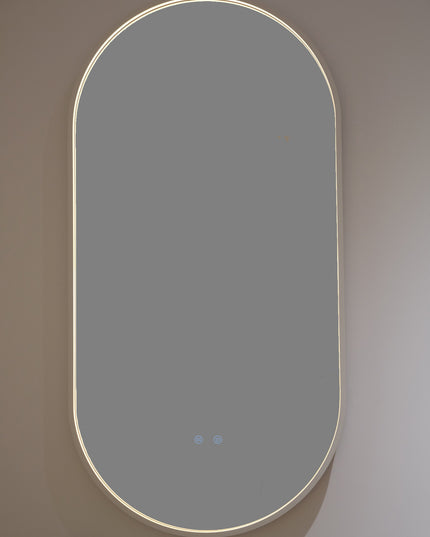 Oglindă LED H-3055 cu Ramă Aluminiu Alb, 3 Nuanțe de Lumină, Funcție Anti-Aburire și Comutator Tactil