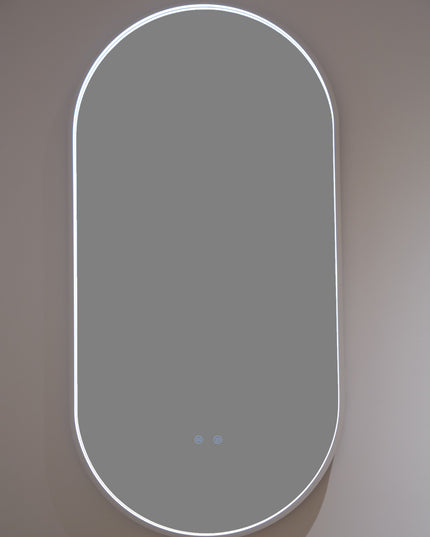 Oglindă LED H-3055 cu Ramă Aluminiu Alb, 3 Nuanțe de Lumină, Funcție Anti-Aburire și Comutator Tactil