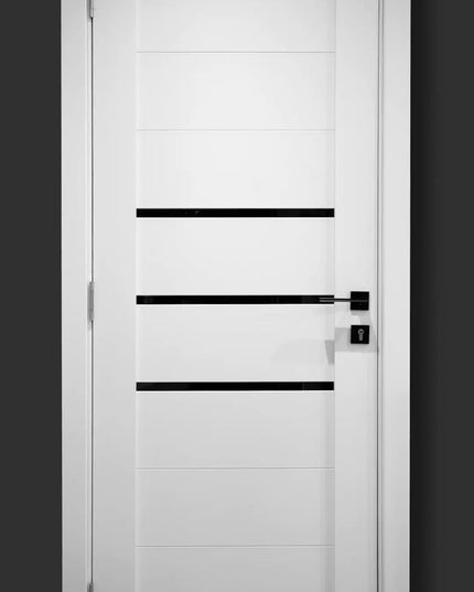 Ușă interior Deco 06 White Silk Mat – cu sticlă neagră complet echipată, cu toc reglabil