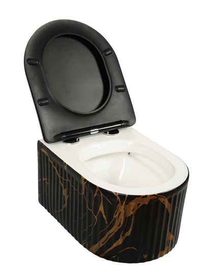Vas WC Suspendat Rimless Negru Mat Marmurat cu Detalii Aurii