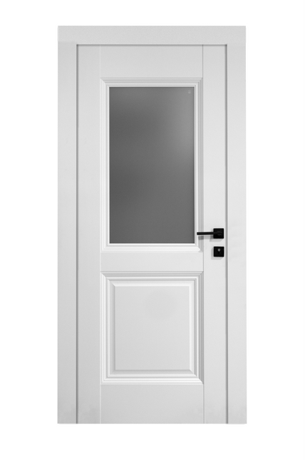 Ușă de interior albă JYA-067 cu sticlă satinată și toc reglabil – design modern, complet echipată, livrare rapidă