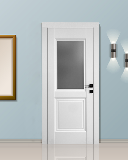 Ușă de interior albă JYA-067 cu sticlă satinată și toc reglabil – design modern, complet echipată, livrare rapidă