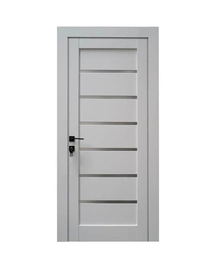 Ușă interior Mira alba cu sticla mata-model modern cu toc reglabil, complet echipată