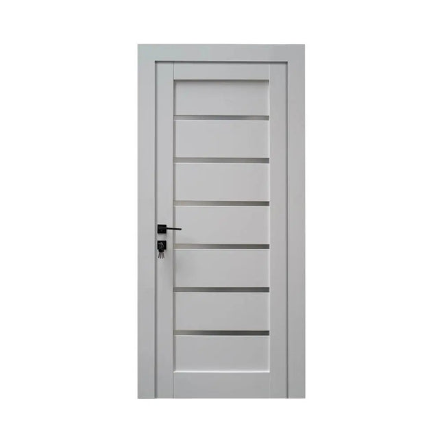 Ușă interior Mira alba cu sticla mata-model modern cu toc reglabil, complet echipată