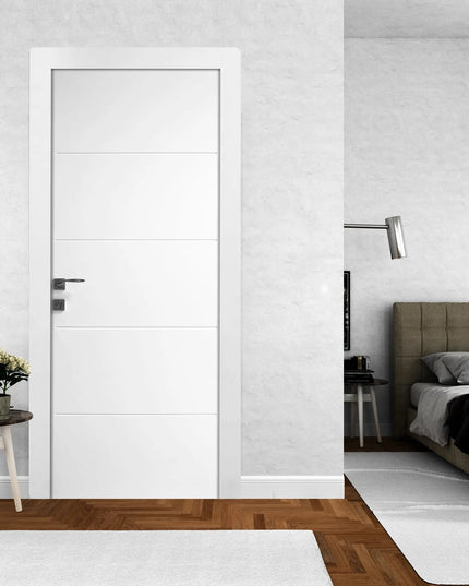 Ușă de interior Quadro alb mat cu toc reglabil – design geometric modern, complet echipată