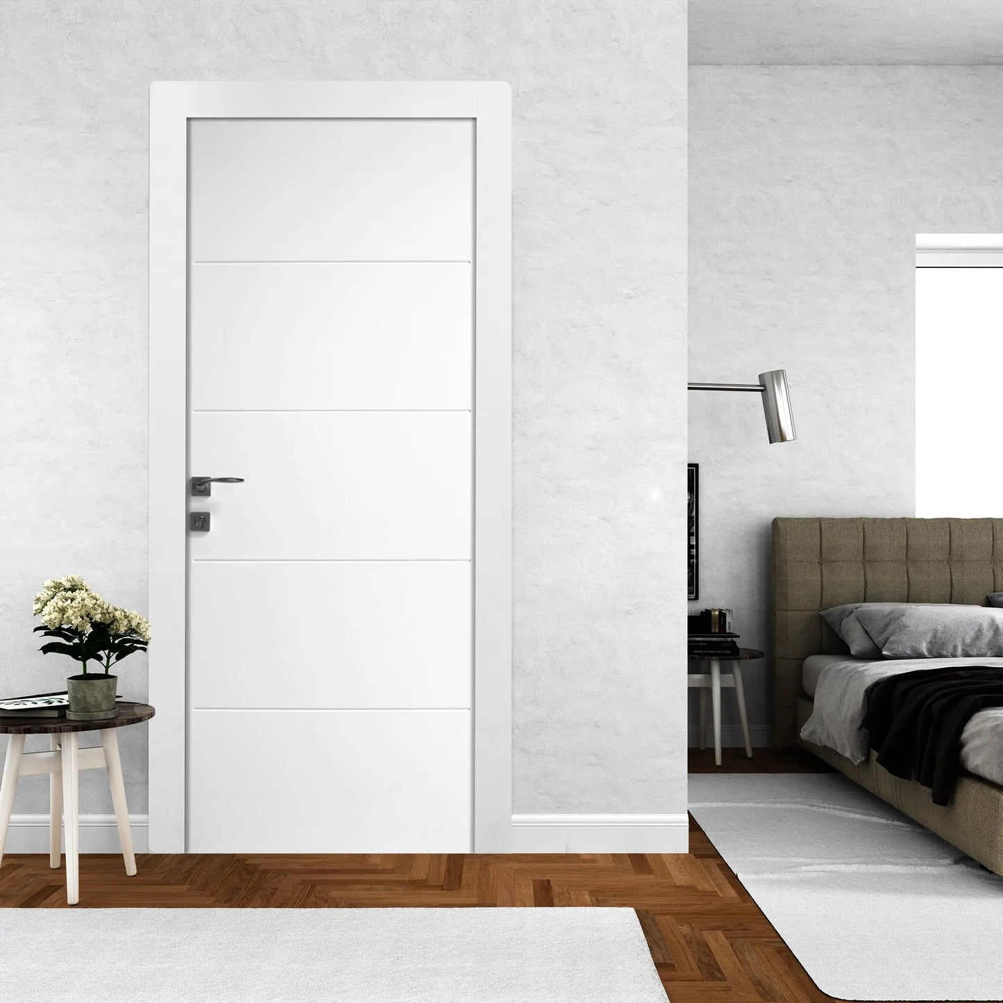 Ușă de interior Quadro alb mat cu toc reglabil – design geometric modern, complet echipată
