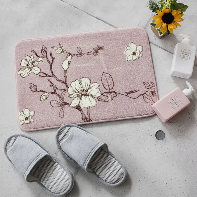 Covoraș baie absorbant, imitație cașmir, strat antiderapant, 40×60 cm, model floral Sakura