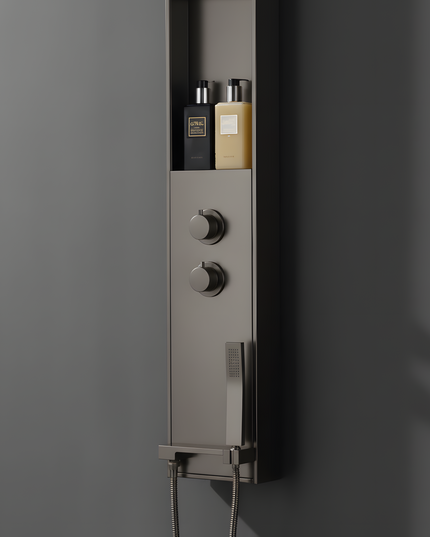 Panel de Duș Gun Metal – Design Minimalist cu Duș Fix, Rafturi Integrate și Duș de Mână
