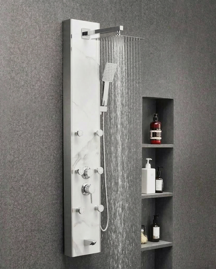 Panel de Duș Marble White – Design Premium cu Jeturi Multiple de Hidromasaj și Duș Fix