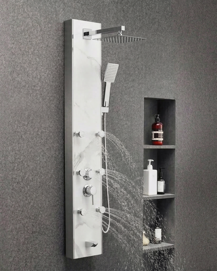 Panel de Duș Marble White – Design Premium cu Jeturi Multiple de Hidromasaj și Duș Fix