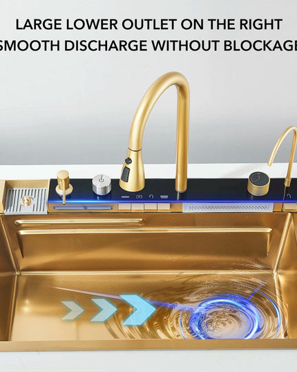 Chiuvetă multifuncțională cu accesorii, HMDF-G 7546 cu baterie digitală, Golden Tap hole