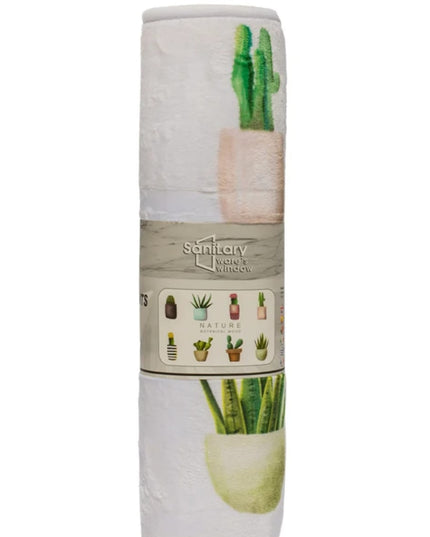 Covoras baie, SANITARY, Microfibra, 45x75 cm, alb cu imprimeu plante verzi, Dreptunghiular