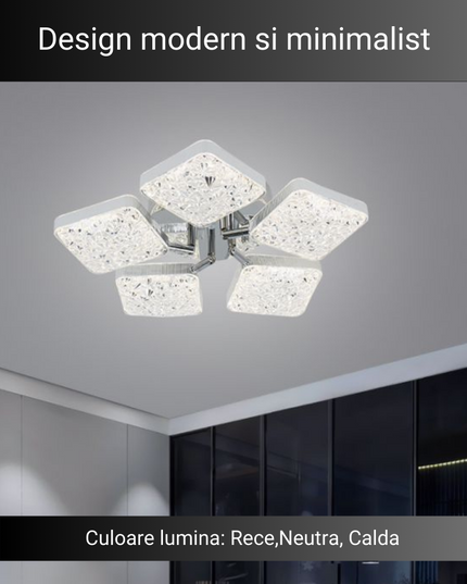 Lustra LED Minimal Silver 5, cu telecomanda, 102W, gri, cu trei tipuri de lumina SE-C1192/5