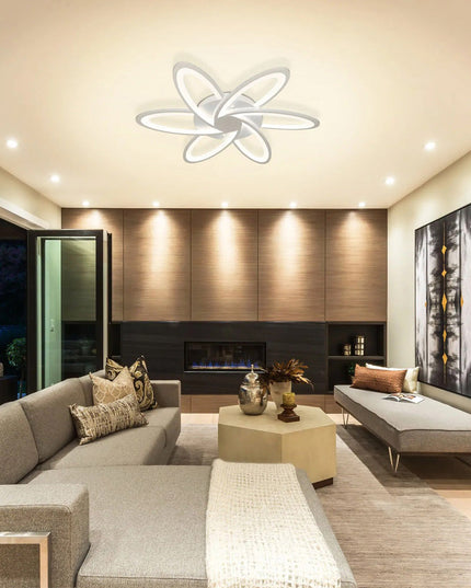 Lustra LED Minimalist Flower G3818/6, cu telecomanda, 144W, 6000lm, alb, cu trei tipuri de lumina