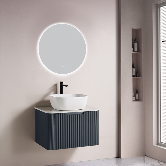 Set complet mobilier baie suspendat Milano cu lavoar și oglindă LED rotundă – Gri