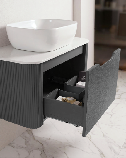 Set complet mobilier baie suspendat Milano cu lavoar și oglindă LED rotundă – Gri