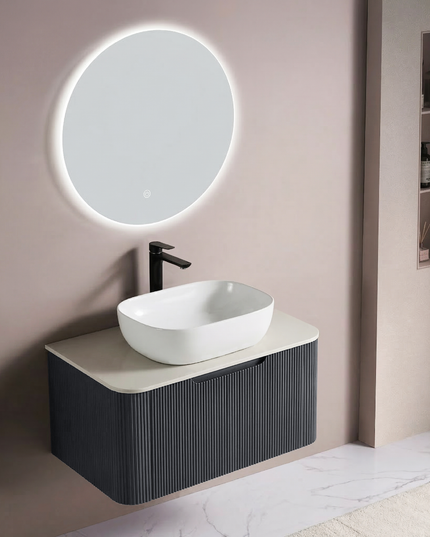 Set complet mobilier baie suspendat Milano cu lavoar și oglindă LED rotundă – Gri