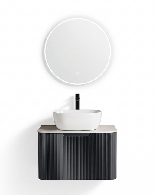 Set complet mobilier baie suspendat Milano cu lavoar și oglindă LED rotundă – Gri