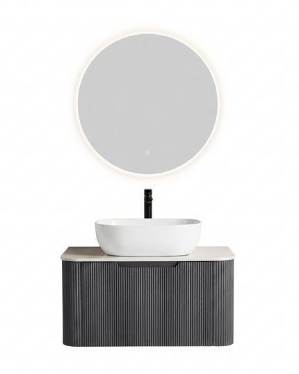 Set complet mobilier baie suspendat Milano cu lavoar și oglindă LED rotundă – Gri
