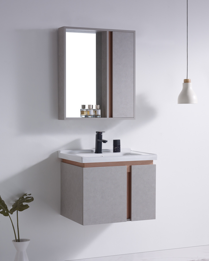 Set complet mobilier baie suspendat Belmont cu lavoar și dulap cu oglindă – gri