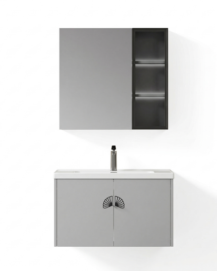 Set complet mobilier baie suspendat Marielle cu lavoar și dulap cu oglindă – gri