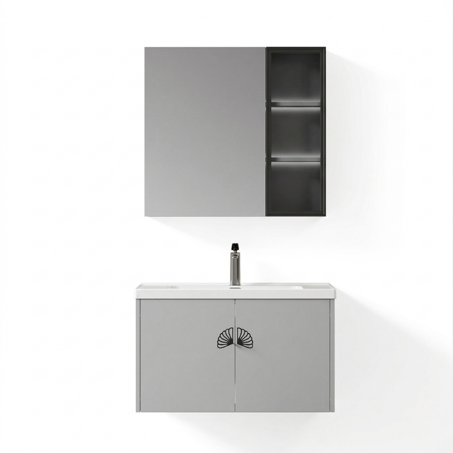 Set complet mobilier baie suspendat Marielle cu lavoar și dulap cu oglindă – gri