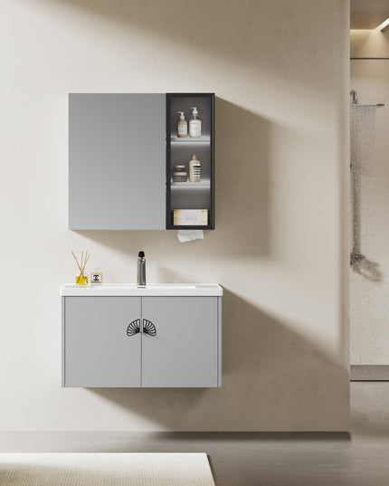 Set complet mobilier baie suspendat Marielle cu lavoar și dulap cu oglindă – gri