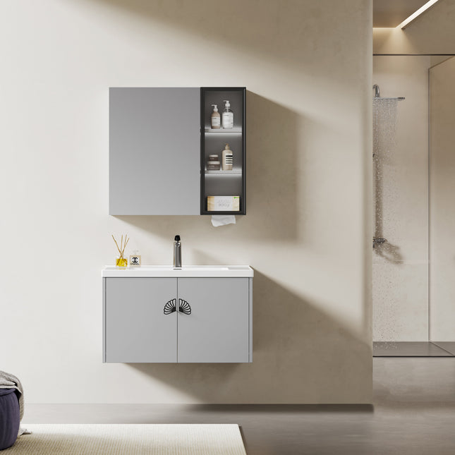 Set complet mobilier baie suspendat Marielle cu lavoar și dulap cu oglindă – gri