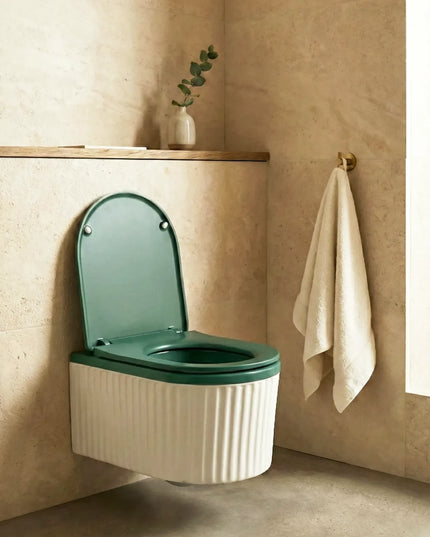 Vas WC Suspendat Rimless – Alb Mat Texturat cu Capac Verde Mat