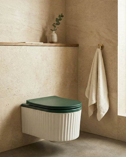 Vas WC Suspendat Rimless – Alb Mat Texturat cu Capac Verde Mat