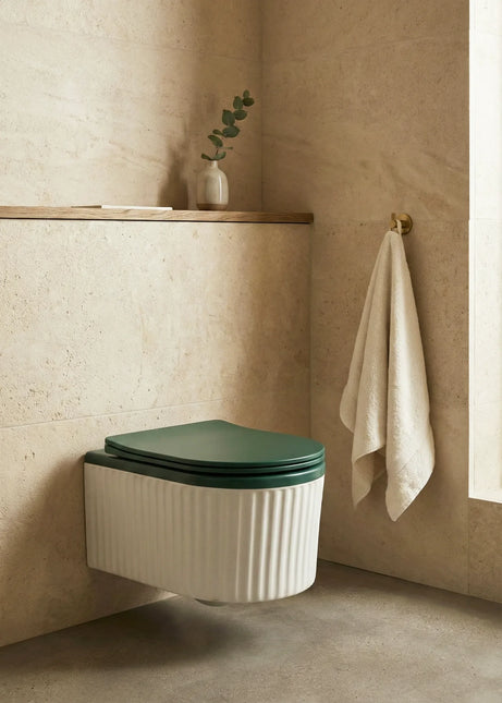 Vas WC Suspendat Rimless – Alb Mat Texturat cu Capac Verde Mat