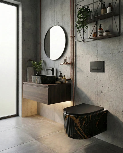 Lavoar ceramic oval A721-P394M – design marmorat negru mat cu detalii aurii