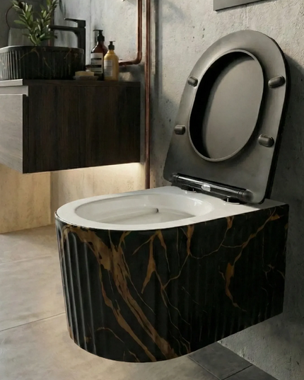 Vas WC Suspendat Rimless Negru Mat Marmurat cu Detalii Aurii