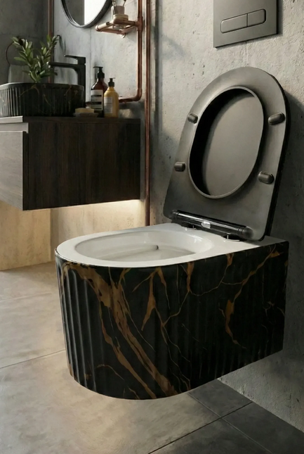 Vas WC Suspendat Rimless Negru Mat Marmurat cu Detalii Aurii