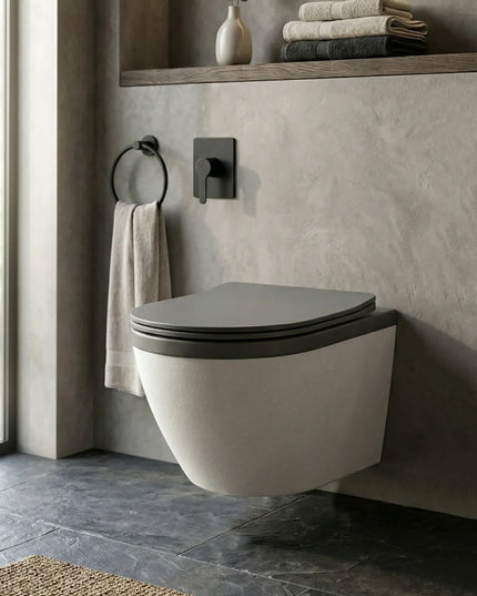 Vas WC Suspendat Rimless – Alb Mat Texturat cu Capac Gri Închis Mat