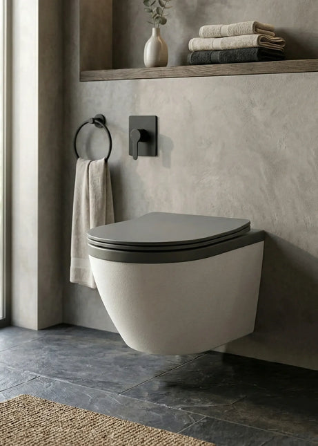 Vas WC Suspendat Rimless – Alb Mat Texturat cu Capac Gri Închis Mat