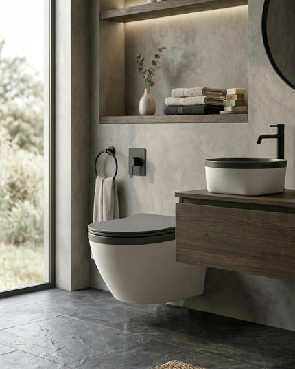 Vas WC Suspendat Rimless – Alb Mat Texturat cu Capac Gri Închis Mat