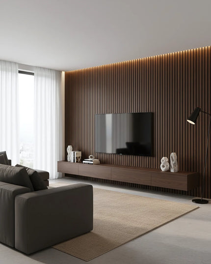Panou riflaj decorativ Deep Walnut 001 – nuc închis intens cu fundal negru