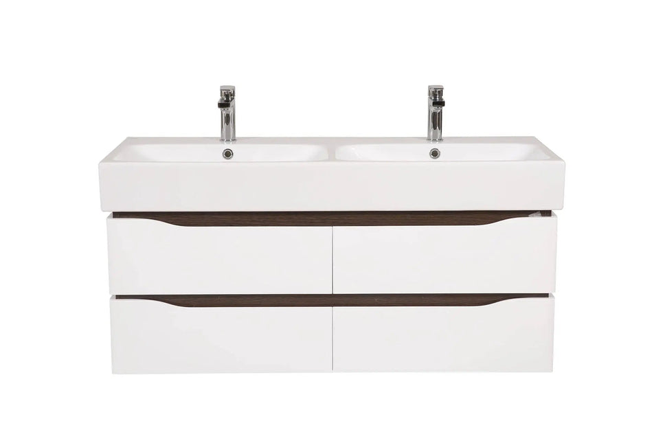 Mobilier de baie pe suspendat cu lavoar dublu Venice, Alb+Wenge