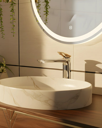 Baterie lavoar înaltă crom cu detaliu rose gold – design modern premium