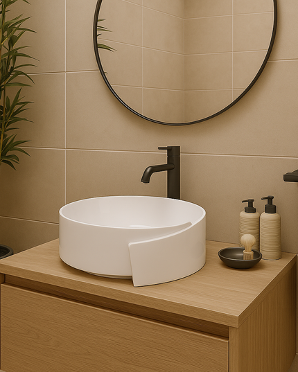 Lavoar ceramic alb Zen  -  A494 cu design asimetric rotund