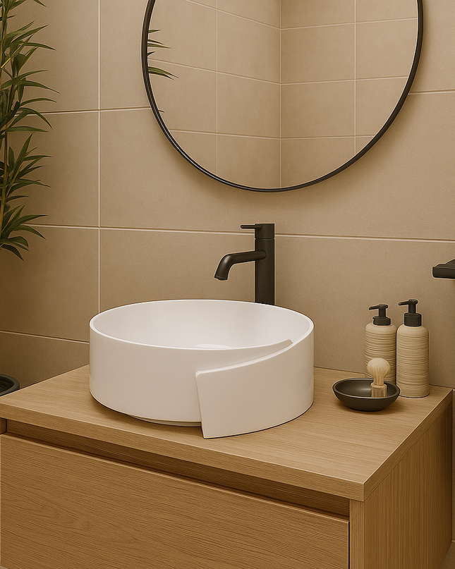 Lavoar ceramic alb Zen  -  A494 cu design asimetric rotund