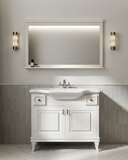 Mobilier de baie pe pardoseală Beatrice alb+auriu