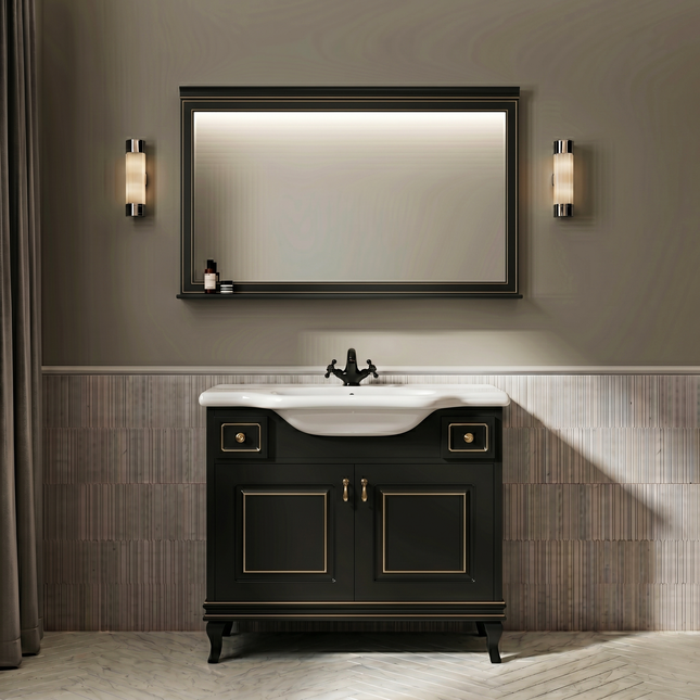 Mobilier de baie pe pardoseală Beatrice negru+auriu